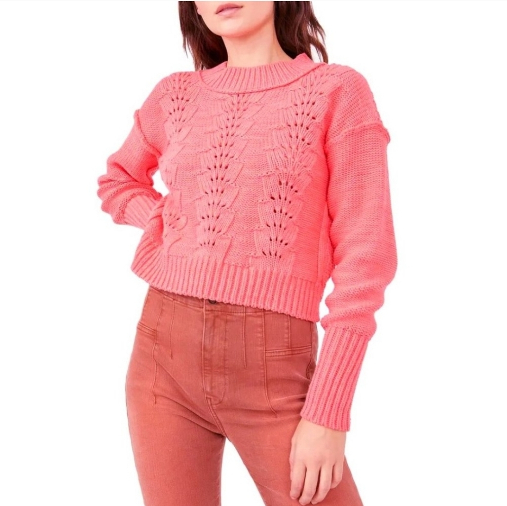 New Free People Bell Song Pointelle Lyra Reed‎ Coral Chunky Knit Sweater Medium